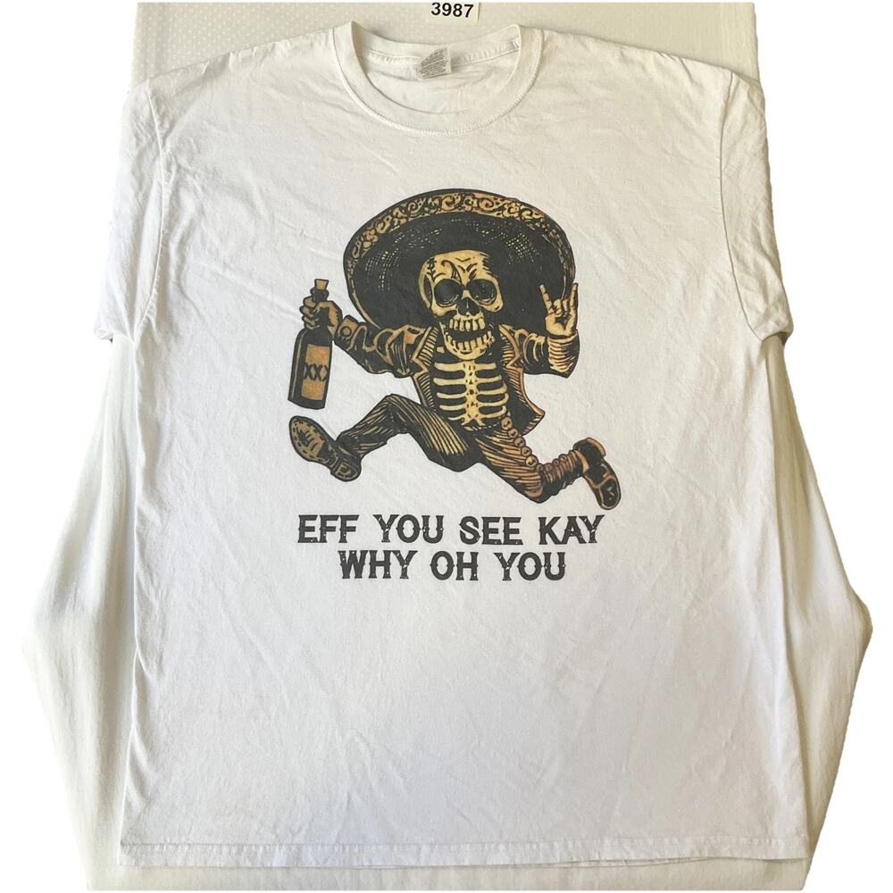 Fruit Of The Loom Men Shirt XL White Graphic Print Skeleton Sombrero Why Oh You